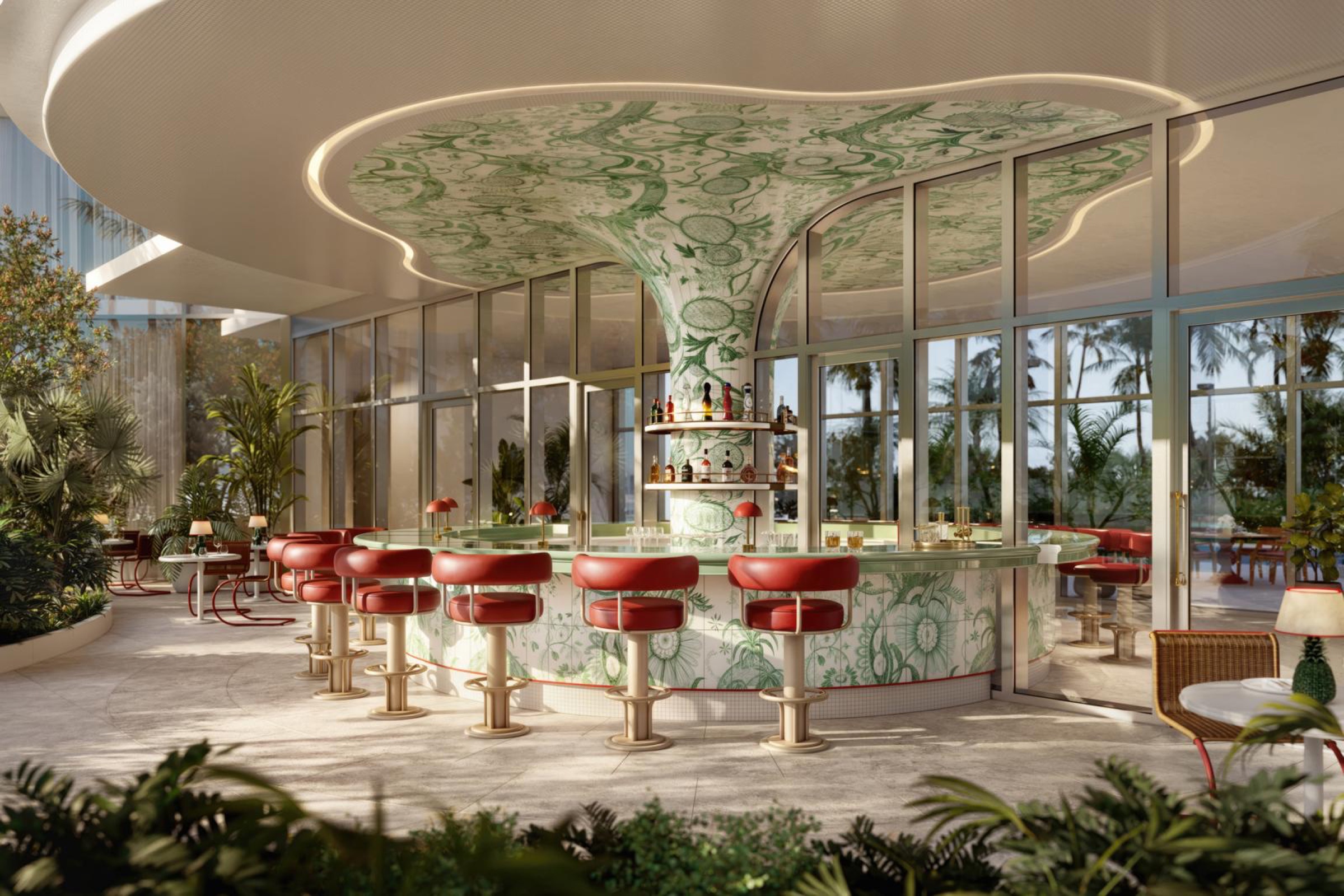 The Bloom Bar with its green-marble island
