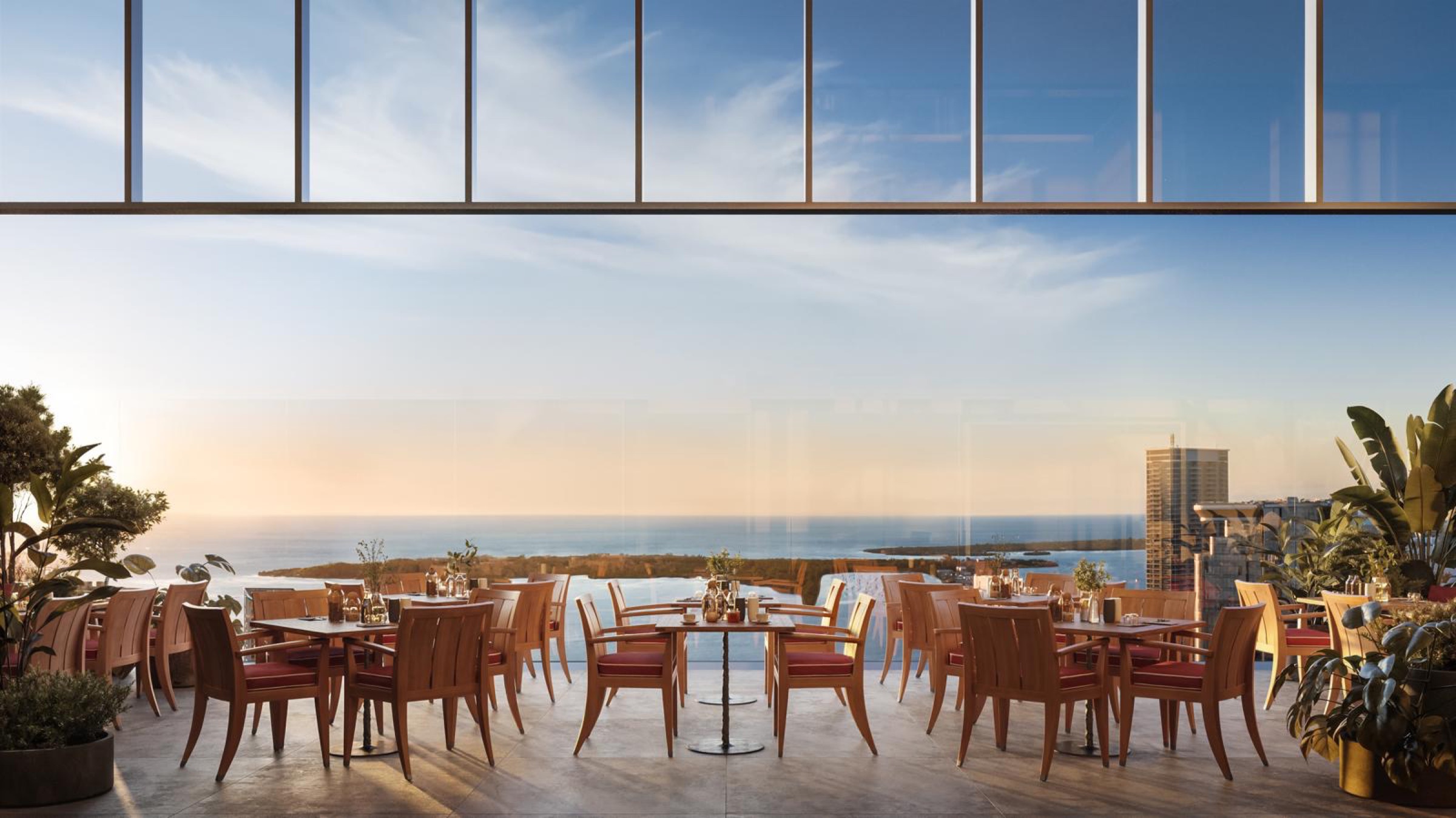The dining terrace overlooking Biscayne Bay