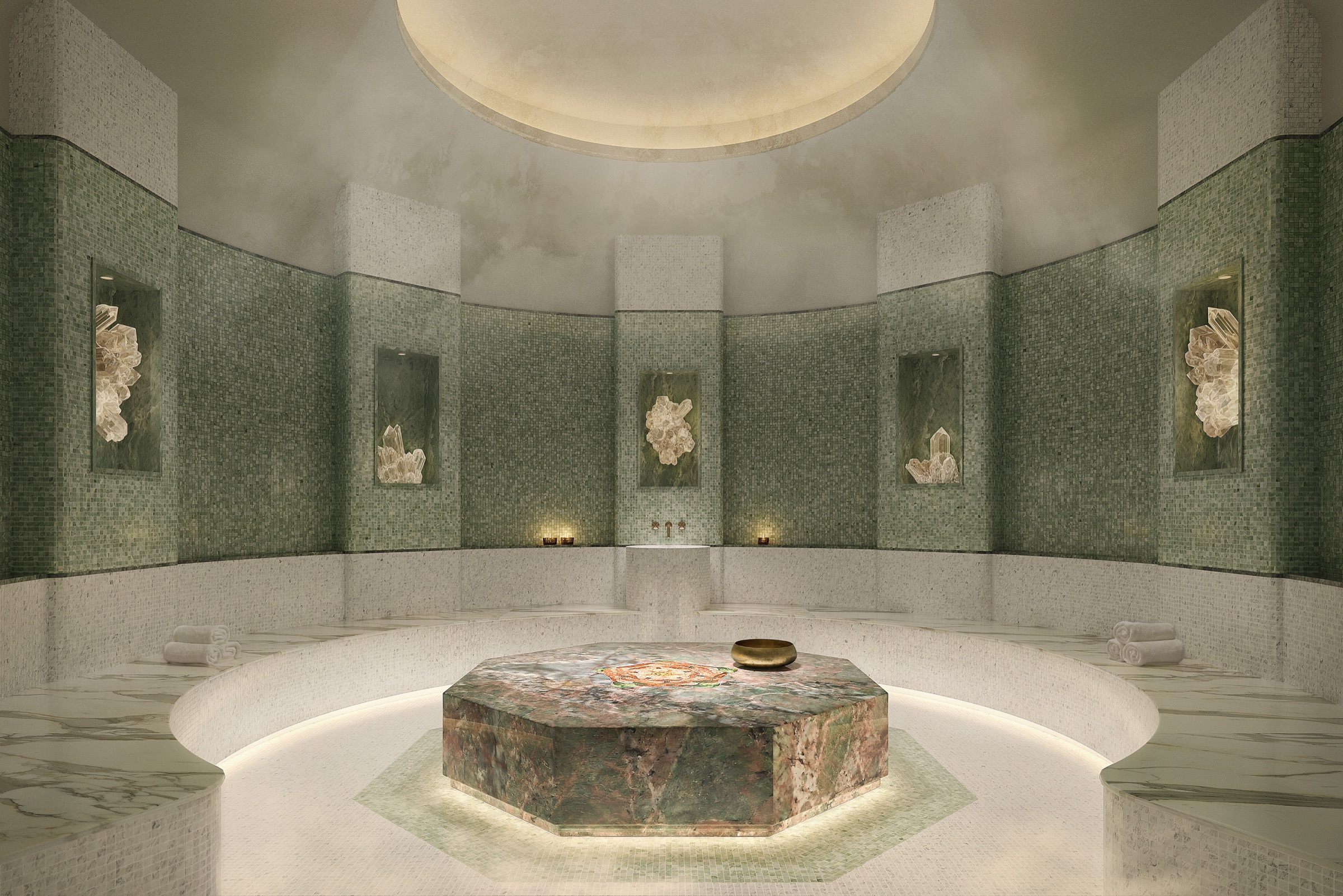 The Tierra Santa Healing House hammam with its Amazonite slab