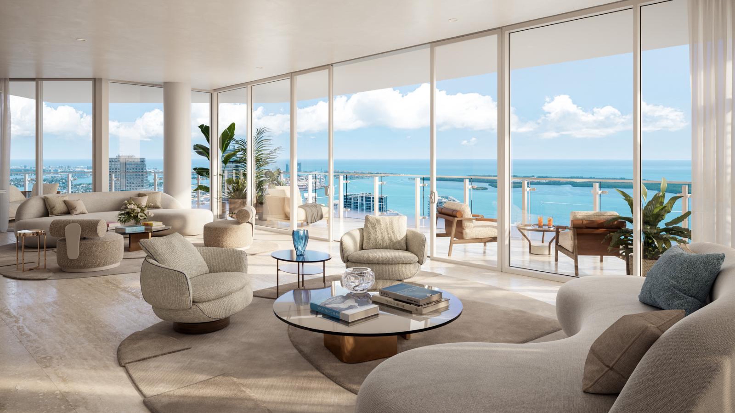 Corner living room over Biscayne Bay