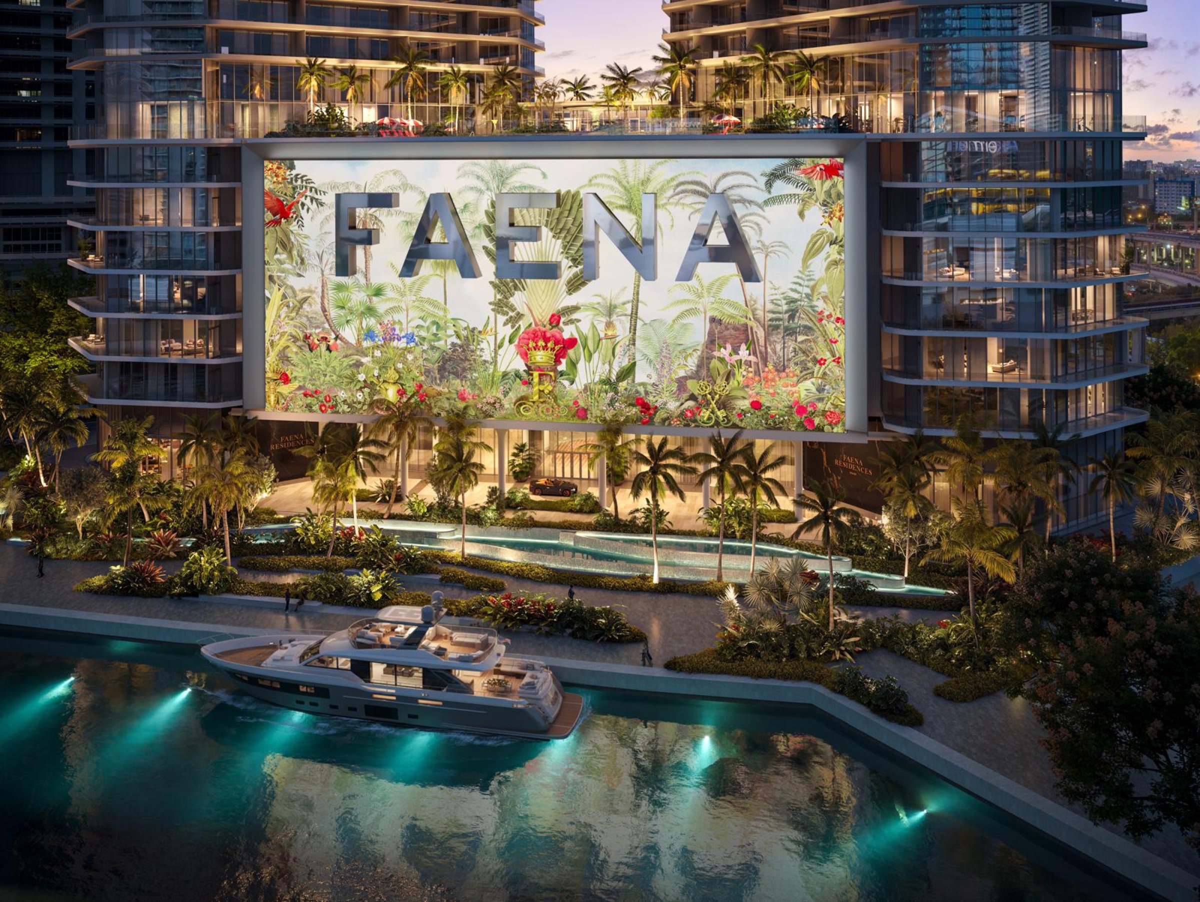 The Juan Gatti mosaic mural along the riverfront with the pool gardens and a yacht below
