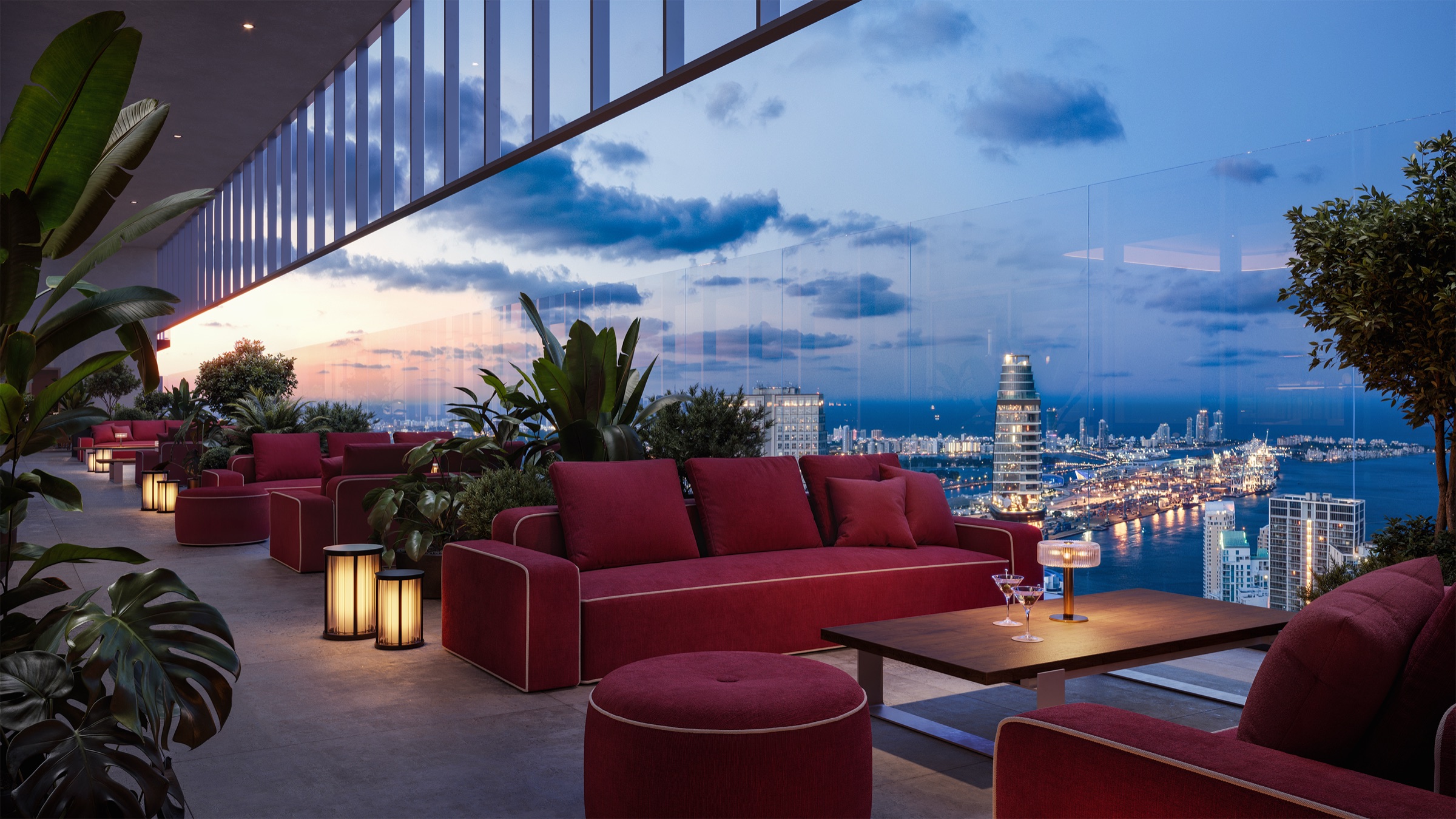 A residence terrace at night overlooking the city